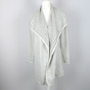 Vintage Bass Herringbone Long Cardigan Size M Gray Open Shawl Collar Heavyweight